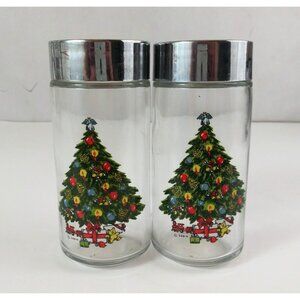 Vintage Sabin Clear Glass With Christmas Tree Design 4.75" Salt & Pepper Shakers